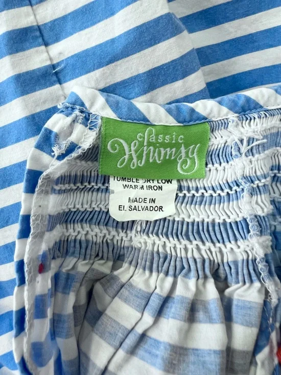 Classic Whimsy Lobster Treasures Smocked Blue Striped Angel Sleeve Dress, 4T - Picture 5 of 7